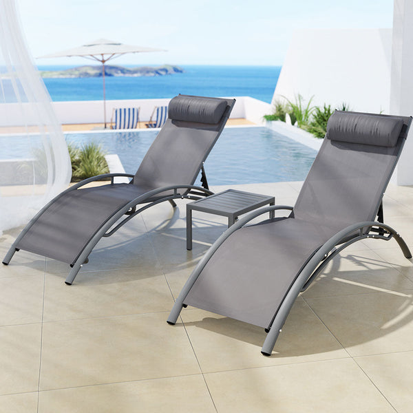 Gardeon 3PC Sun Lounge Outdoor Lounger Steel Table Chairs Patio Furniture Grey Gardeon