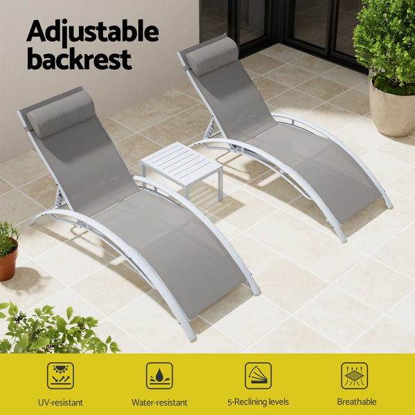 Gardeon 3PC Sun Lounge Outdoor Lounger Table Chairs Steel Patio Furniture Garden Awezingly