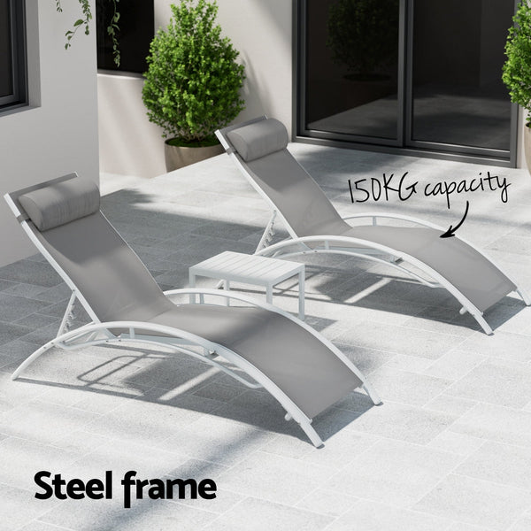Gardeon 3PC Sun Lounge Outdoor Lounger Table Chairs Steel Patio Furniture Garden Awezingly