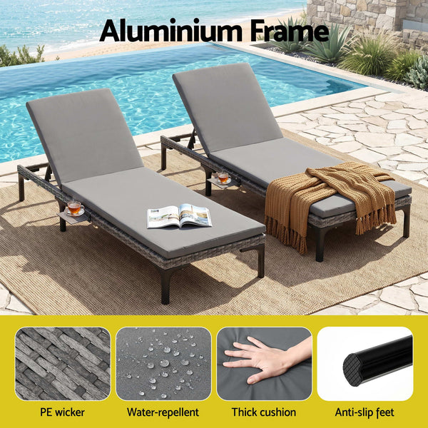 Gardeon 2PC Sun Lounger PE Rattan Recliners with Cup Holder Cushion Rain Cover Awezingly