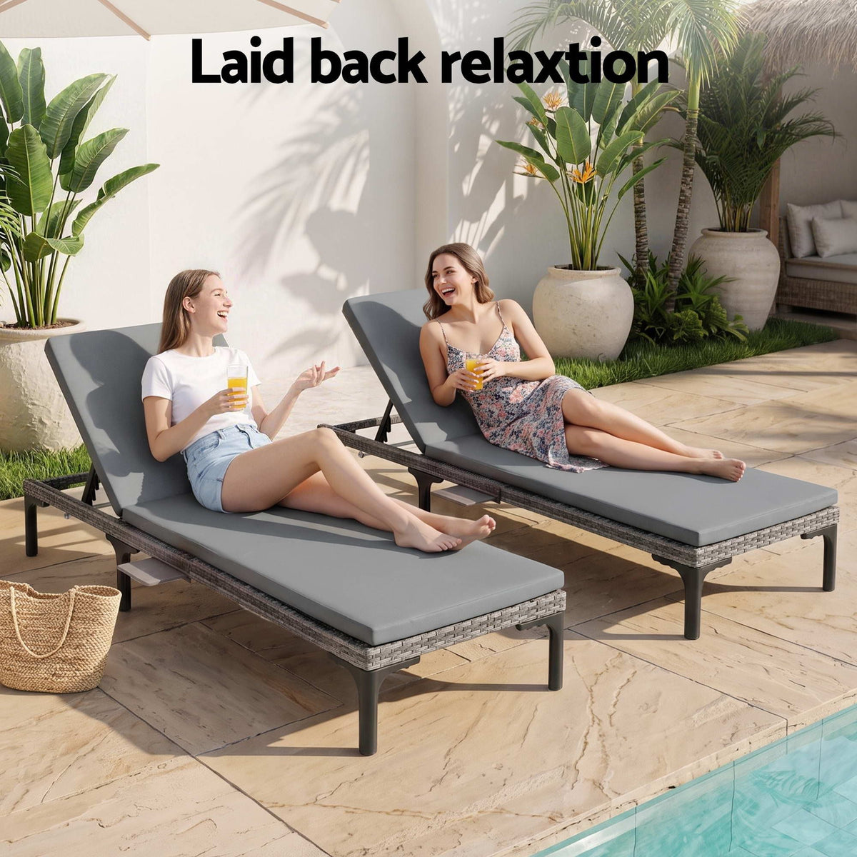 Gardeon 2PC Sun Lounger PE Rattan Recliners with Cup Holder Cushion Rain Cover Awezingly