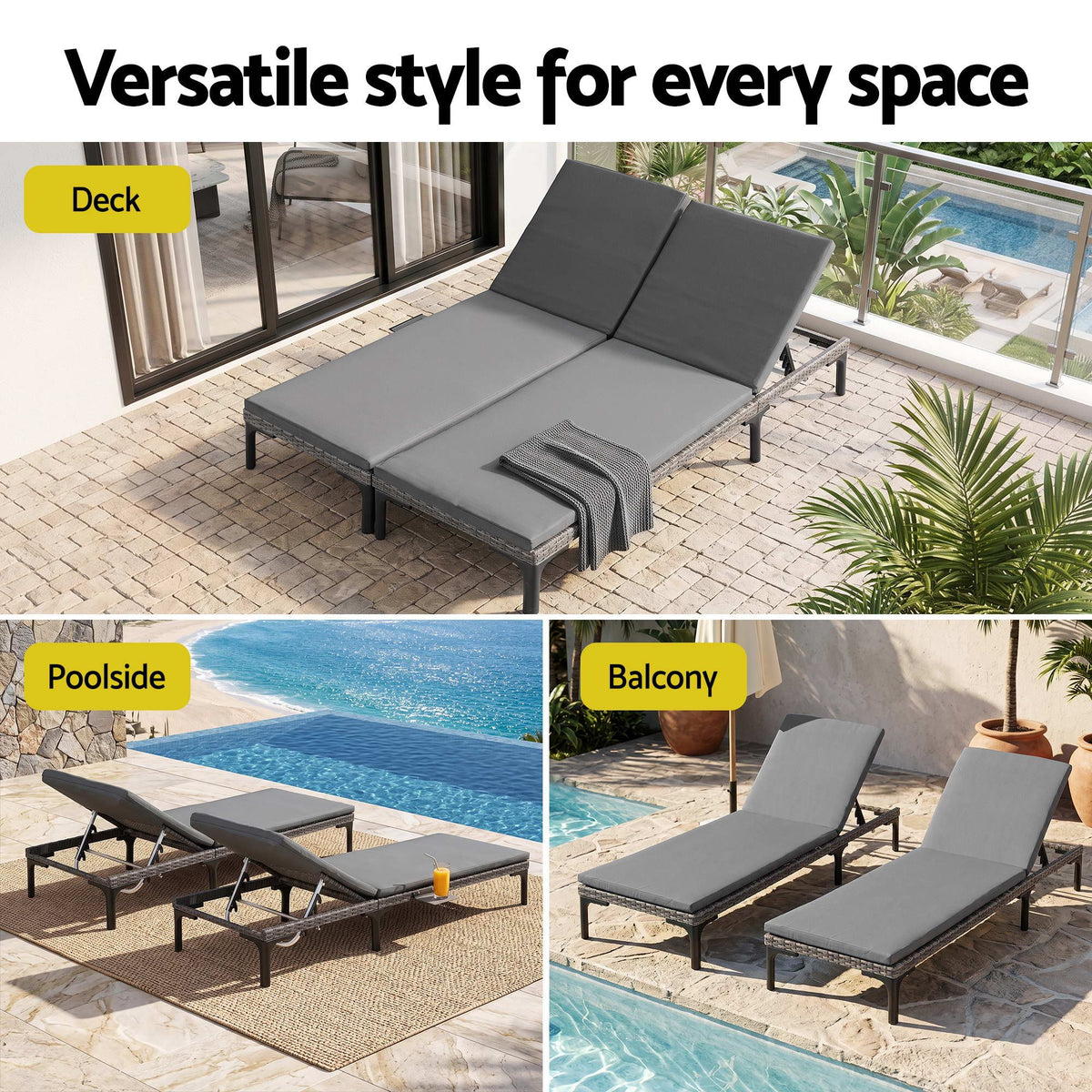 Gardeon 2PC Sun Lounger PE Rattan Recliners with Cup Holder Cushion Rain Cover Awezingly