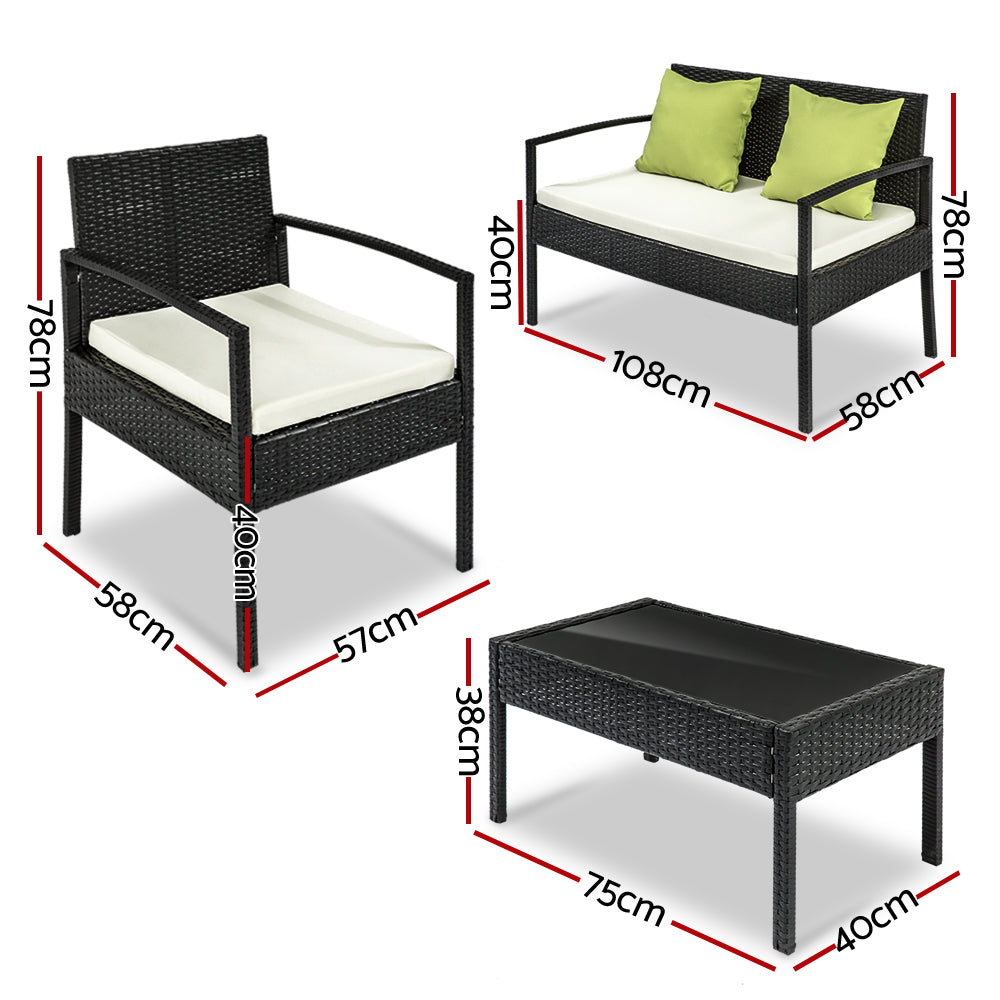 4 Seater Sofa Set Outdoor Furniture - Black Gardeon