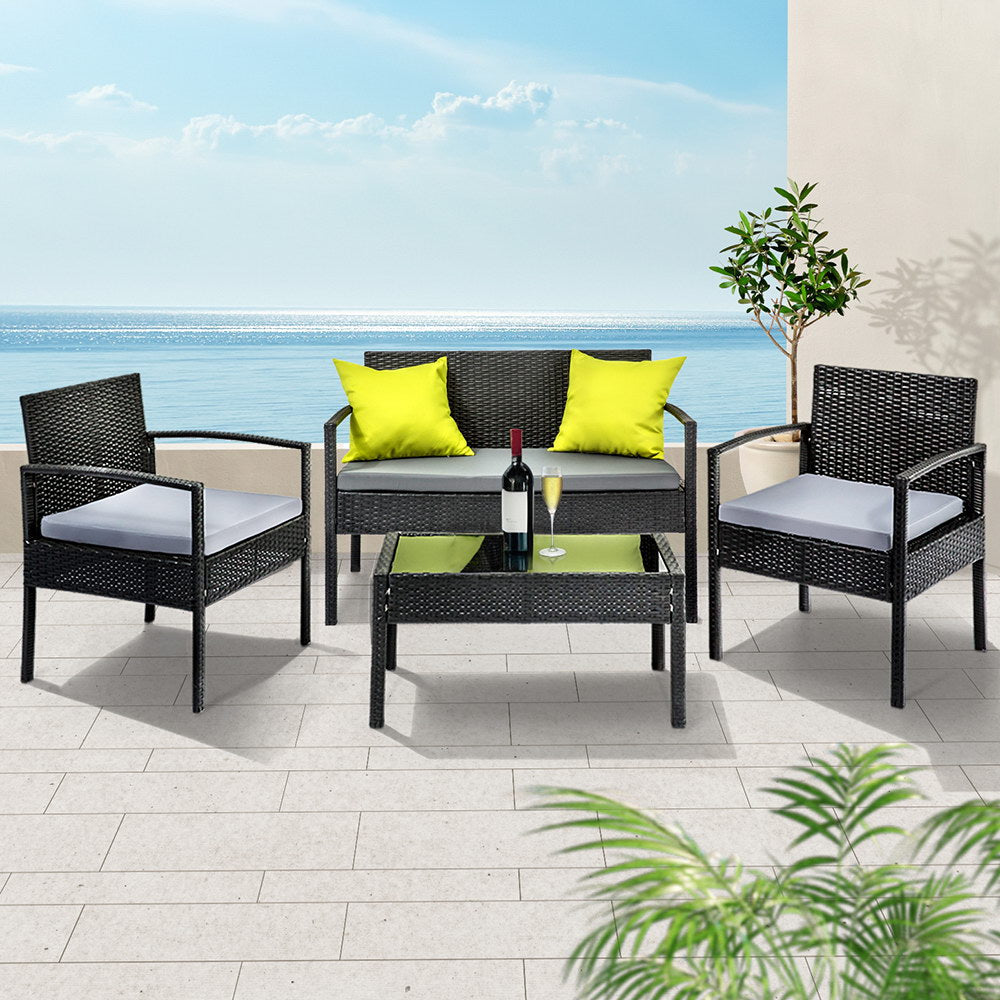 4 Seater Sofa Set Outdoor Furniture - Black Gardeon