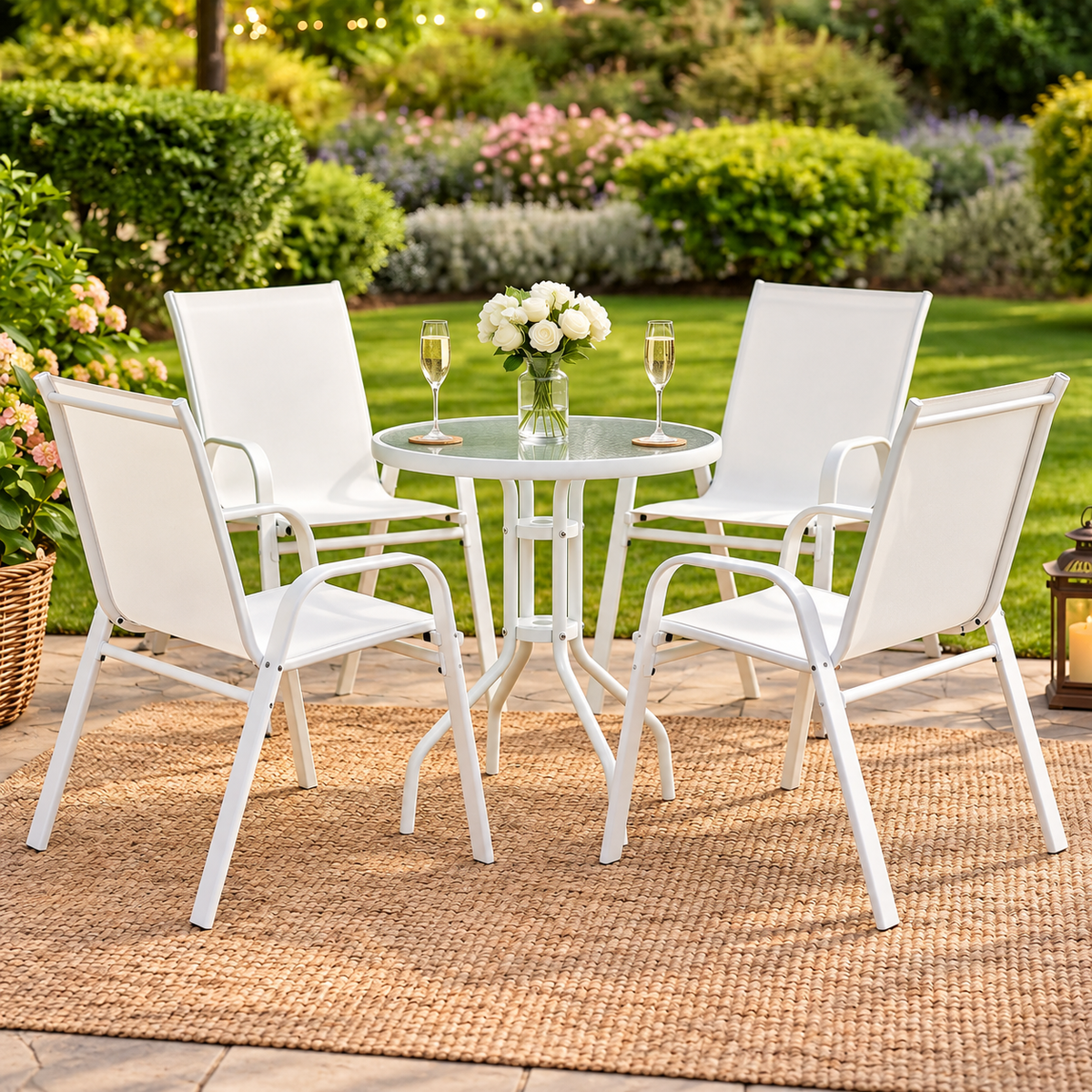 Gardeon 5PC Bistro Set Outdoor Table and Chairs Stackable Patio Furniture White Awezingly