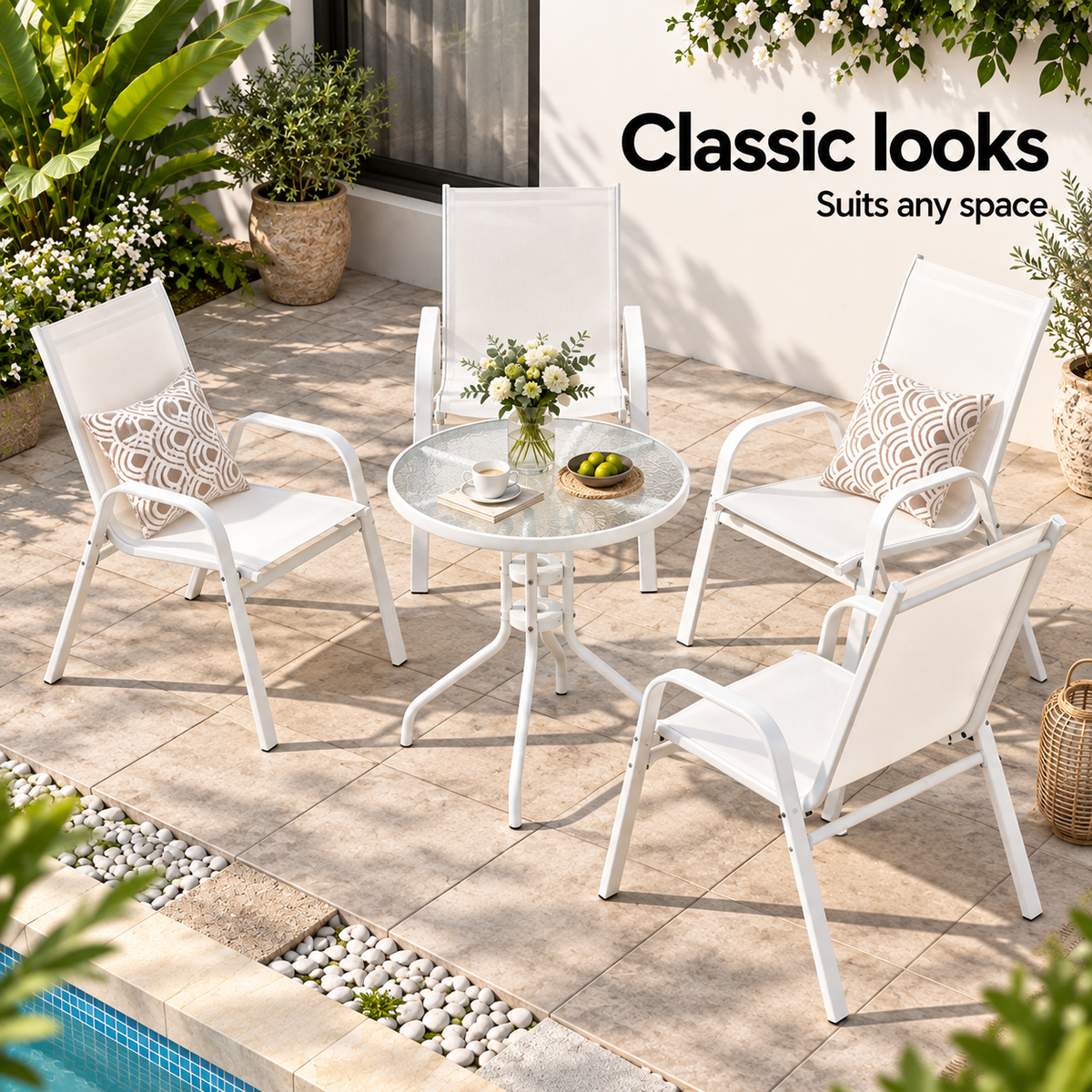 Gardeon 5PC Bistro Set Outdoor Table and Chairs Stackable Patio Furniture White Awezingly