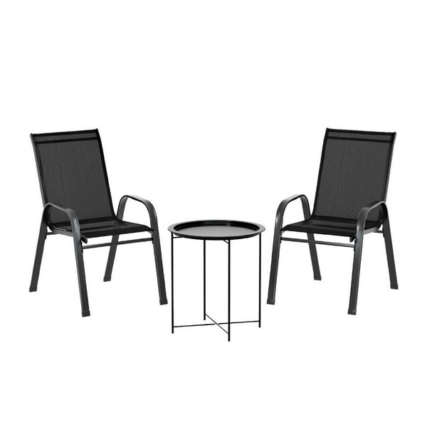 Gardeon 3PC Outdoor Bistro Set Patio Furniture Table and Chairs Stackable Black Gardeon