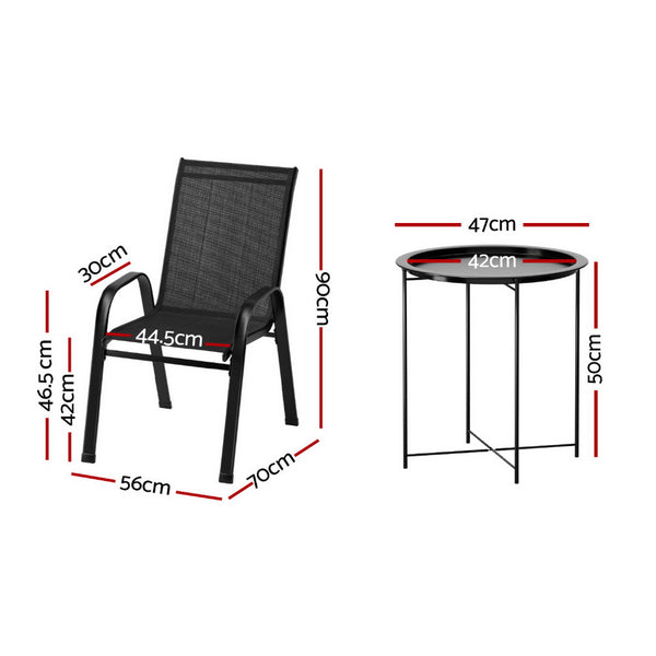 Gardeon 3PC Outdoor Bistro Set Patio Furniture Table and Chairs Stackable Black Gardeon
