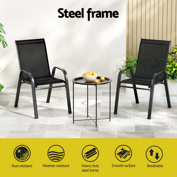 Gardeon 3PC Outdoor Bistro Set Patio Furniture Table and Chairs Stackable Black Gardeon