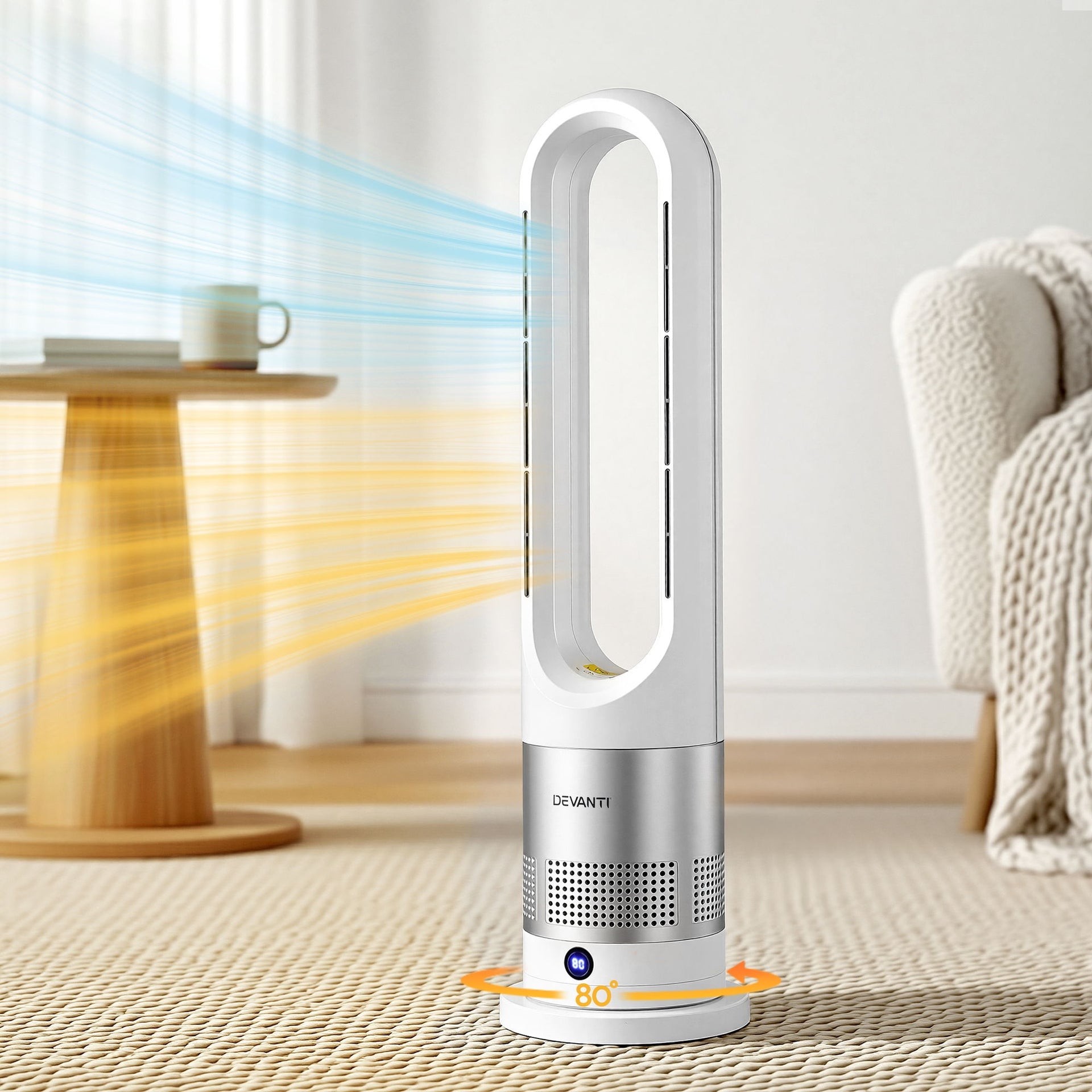 Devanti Bladeless Tower Fan Heater and Cooler 2in1 Portable Oscillation Fan for Bedroom Room Office Use White Awezingly