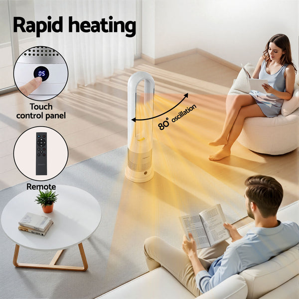 Devanti Bladeless Tower Fan Heater and Cooler 2in1 Portable Oscillation Fan for Bedroom Room Office Use White Awezingly