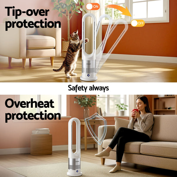 Devanti Bladeless Tower Fan Heater and Cooler 2in1 Portable Oscillation Fan for Bedroom Room Office Use White Awezingly