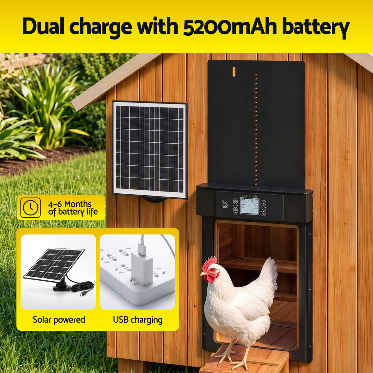 Giantz Automatic Chicken Coop Door 37cm Solar Powered Smart App Control Black Awezingly