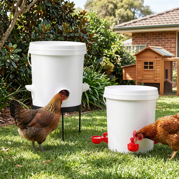 Giantz 20L X2 Chicken Feeder Waterer Set Automatic Poultry Dispenser Metal Stand Awezingly