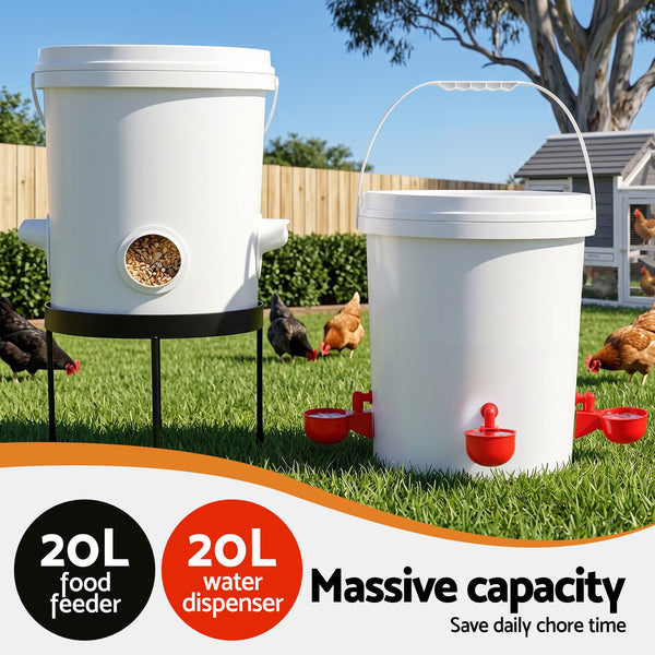Giantz 20L X2 Chicken Feeder Waterer Set Automatic Poultry Dispenser Metal Stand Awezingly