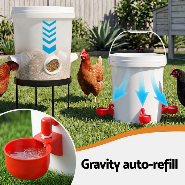 Giantz 20L X2 Chicken Feeder Waterer Set Automatic Poultry Dispenser Metal Stand Awezingly
