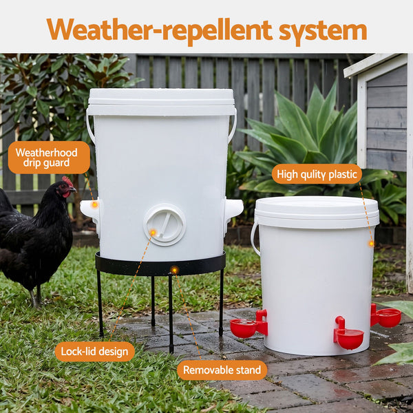 Giantz 20L X2 Chicken Feeder Waterer Set Automatic Poultry Dispenser Metal Stand Awezingly