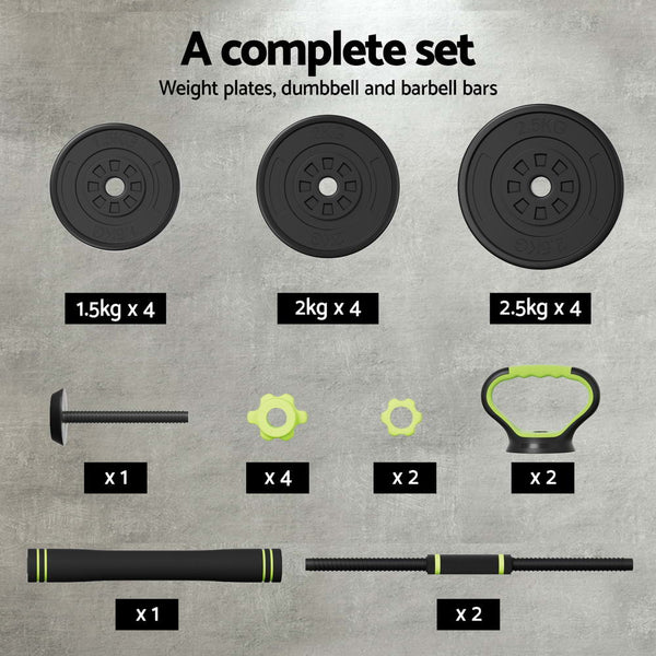 Everfit 25kg Adjustable Dumbbells Set Kettle Bell Weight Plates Barbells Gym Everfit