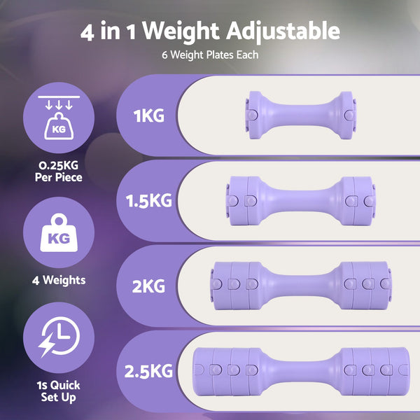 Everfit Adjustable Dumbbell Set 2.5kg x 2 Weights Set 4-in-1 for Women Home Gym Purple Awezingly