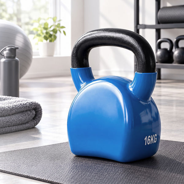 Everfit 16kg Kettlebell Cast Iron Weightlifting Bench Dumbbells Kettle Bell Blue Awezingly