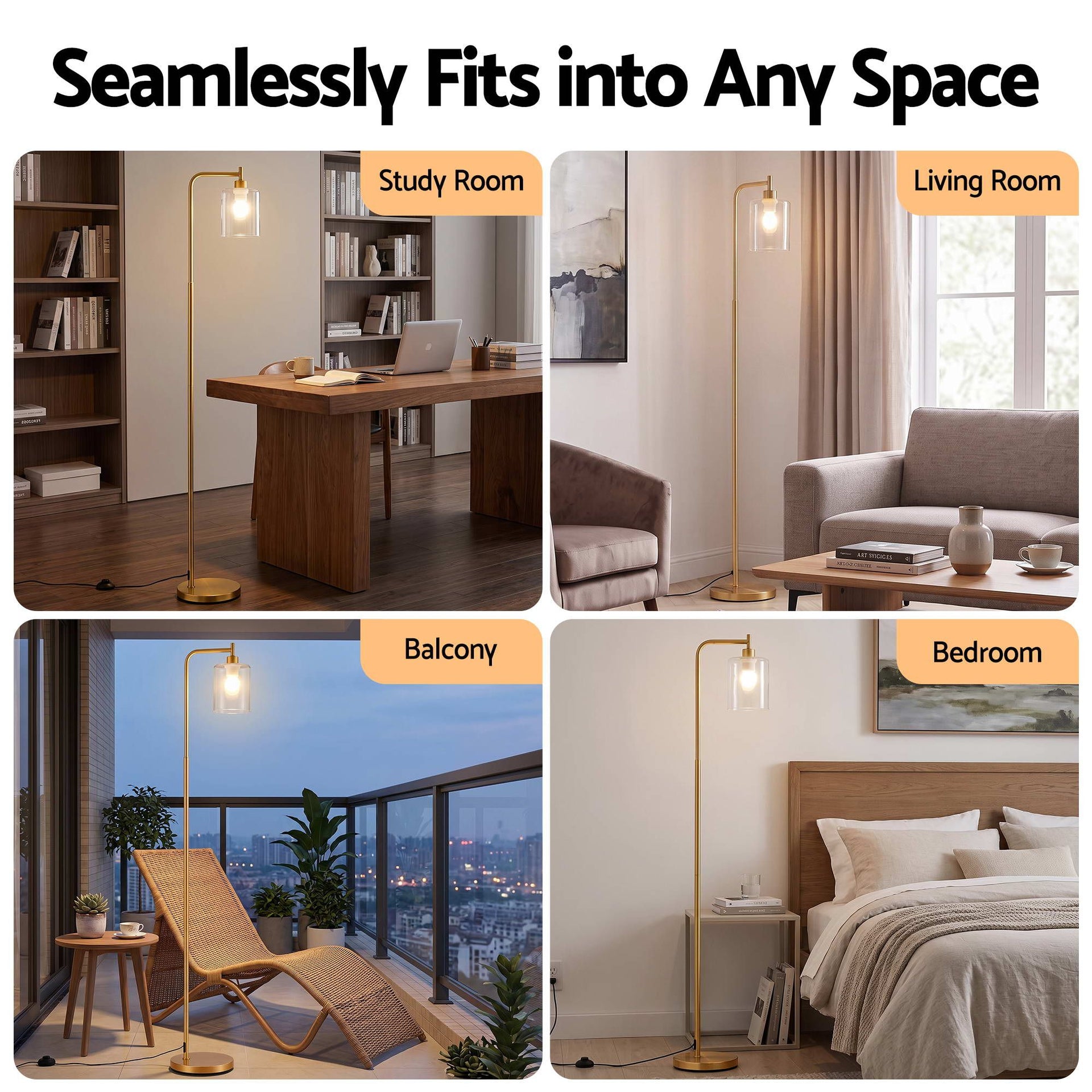 Artiss Floor Lamp Modern Industrial Standing Light with Clear Glass Shade, GoldMetal Tall Lamp for Living Room, Bedroom & Office, Anti-Tipping Weighted Base & Foot Switch (Bulb Not Included) Awezingly