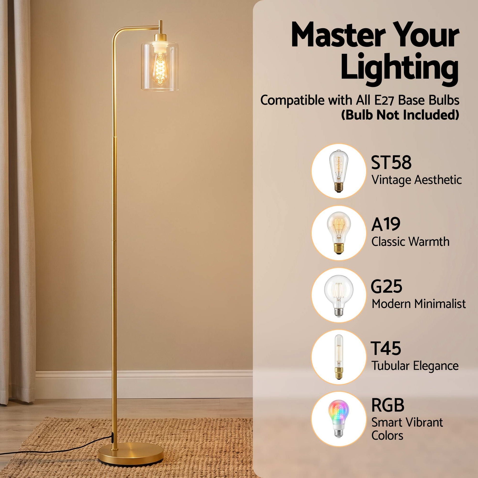 Artiss Floor Lamp Modern Industrial Standing Light with Clear Glass Shade, GoldMetal Tall Lamp for Living Room, Bedroom & Office, Anti-Tipping Weighted Base & Foot Switch (Bulb Not Included) Awezingly