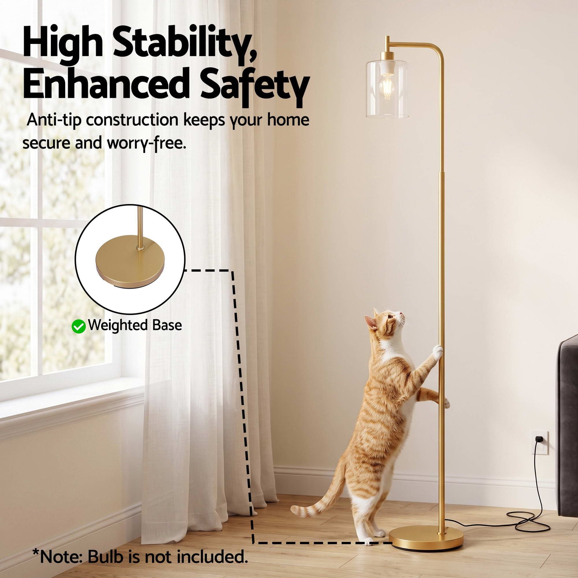 Artiss Floor Lamp Modern Industrial Standing Light with Clear Glass Shade, GoldMetal Tall Lamp for Living Room, Bedroom & Office, Anti-Tipping Weighted Base & Foot Switch (Bulb Not Included) Awezingly
