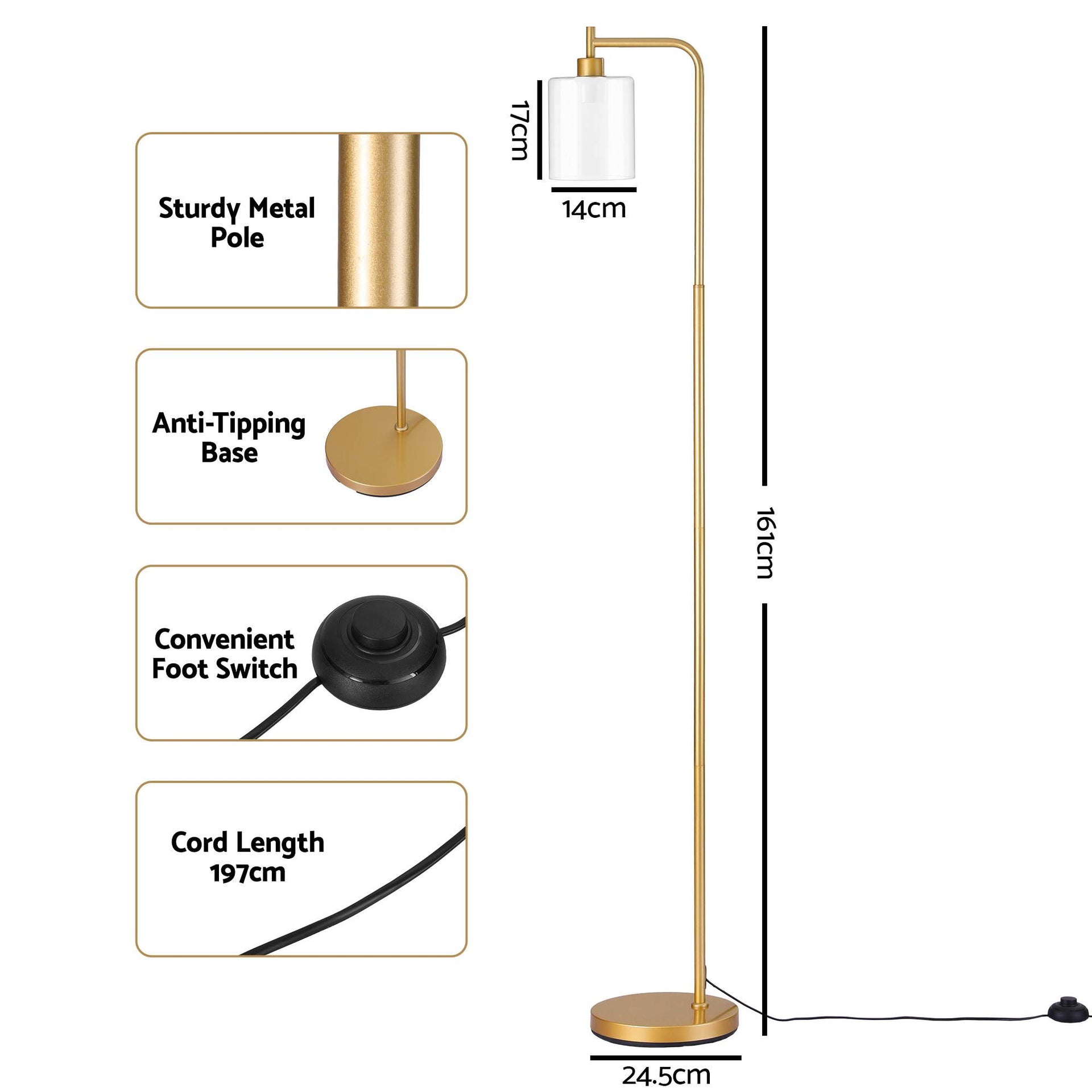 Artiss Floor Lamp Modern Industrial Standing Light with Clear Glass Shade, GoldMetal Tall Lamp for Living Room, Bedroom & Office, Anti-Tipping Weighted Base & Foot Switch (Bulb Not Included) Awezingly