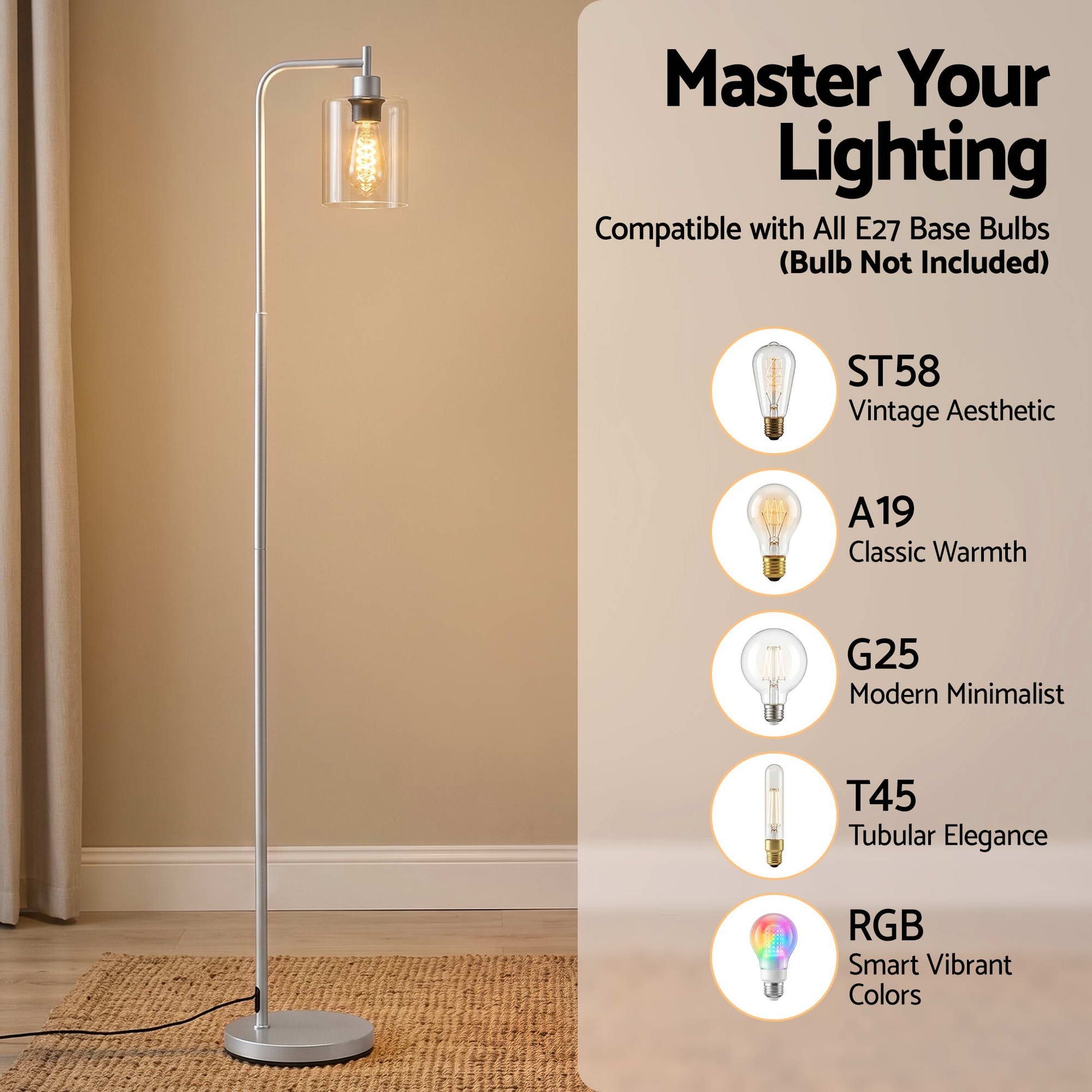 Artiss Floor Lamp Modern Industrial Standing Light with Clear Glass Shade, Silver Metal Tall Lamp for Living Room, Bedroom & Office, Anti-Tipping Weighted Base & Foot Switch (Bulb Not Included) Awezingly