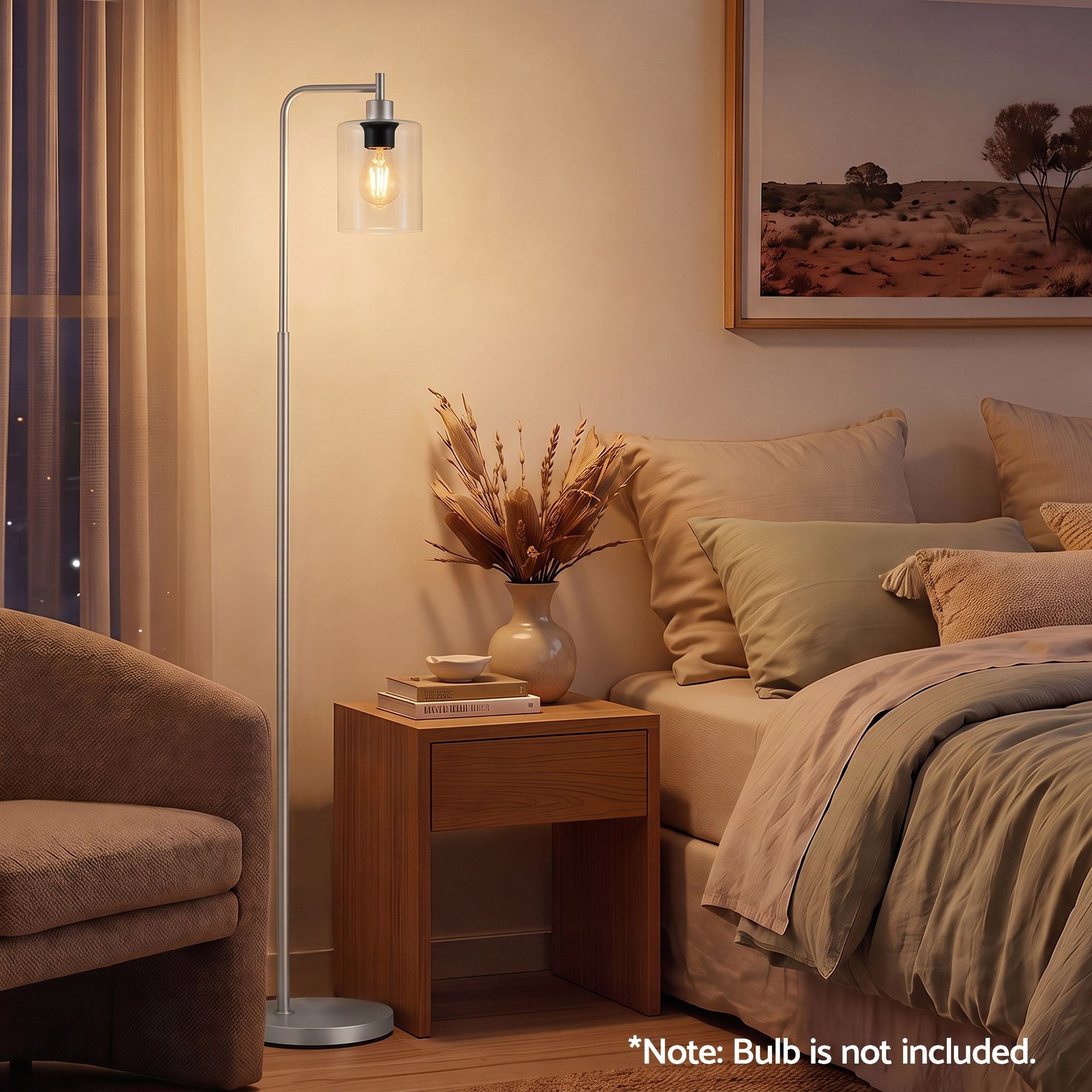 Artiss Floor Lamp Modern Industrial Standing Light with Clear Glass Shade, Silver Metal Tall Lamp for Living Room, Bedroom & Office, Anti-Tipping Weighted Base & Foot Switch (Bulb Not Included) Awezingly