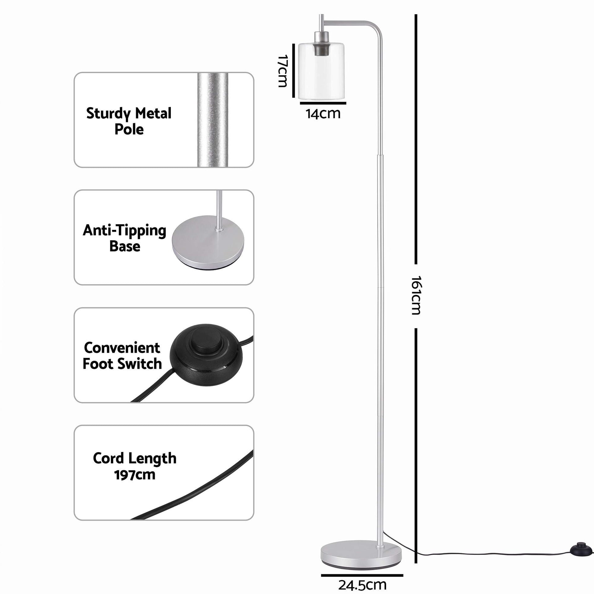 Artiss Floor Lamp Modern Industrial Standing Light with Clear Glass Shade, Silver Metal Tall Lamp for Living Room, Bedroom & Office, Anti-Tipping Weighted Base & Foot Switch (Bulb Not Included) Awezingly
