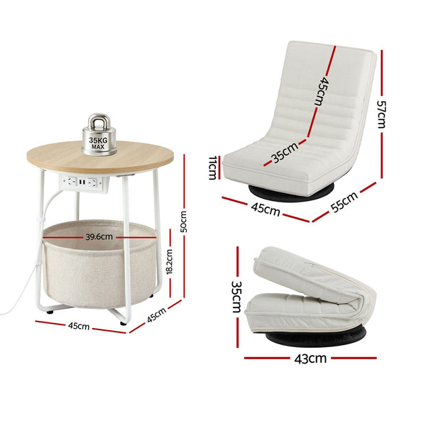 Artiss Floor Lounge & Round Coffee Table Side End Table with Charging Station Set Artiss