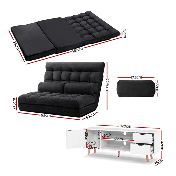 Artiss Sofa Bed Adjustable Floor Chair & TV Unit 120cm Entertainment Cabinet Set Artiss