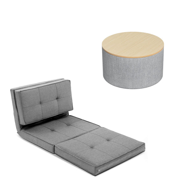Artiss Recliner Adjustable Floor Chaise Lounge & Ottoman Foot Rest Grey Set Artiss