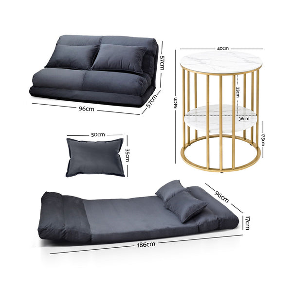 Artiss Floor Lounge Sofa Bed & Coffee Table 2 Tier Marble Effect Side Table Set Artiss