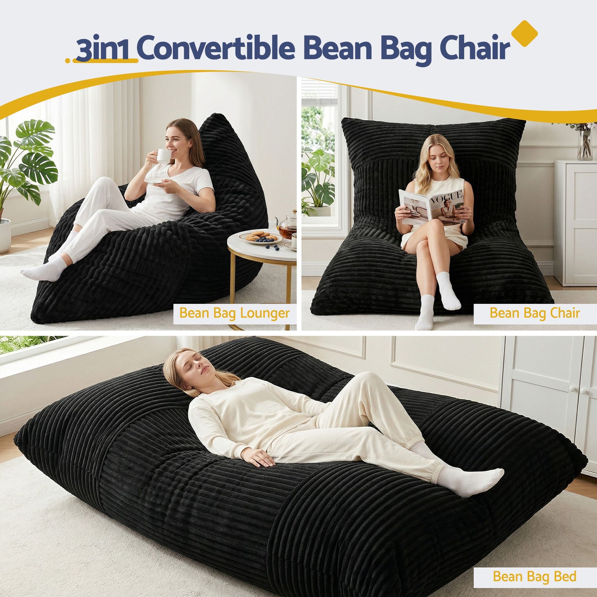 Artiss 3-in-1 Bean Bag Chair for Living Room Convertible Floor Sofa Dark Grey Awezingly