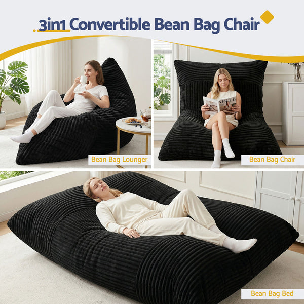 Artiss 3-in-1 Bean Bag Chair for Living Room Convertible Floor Sofa Dark Grey Awezingly