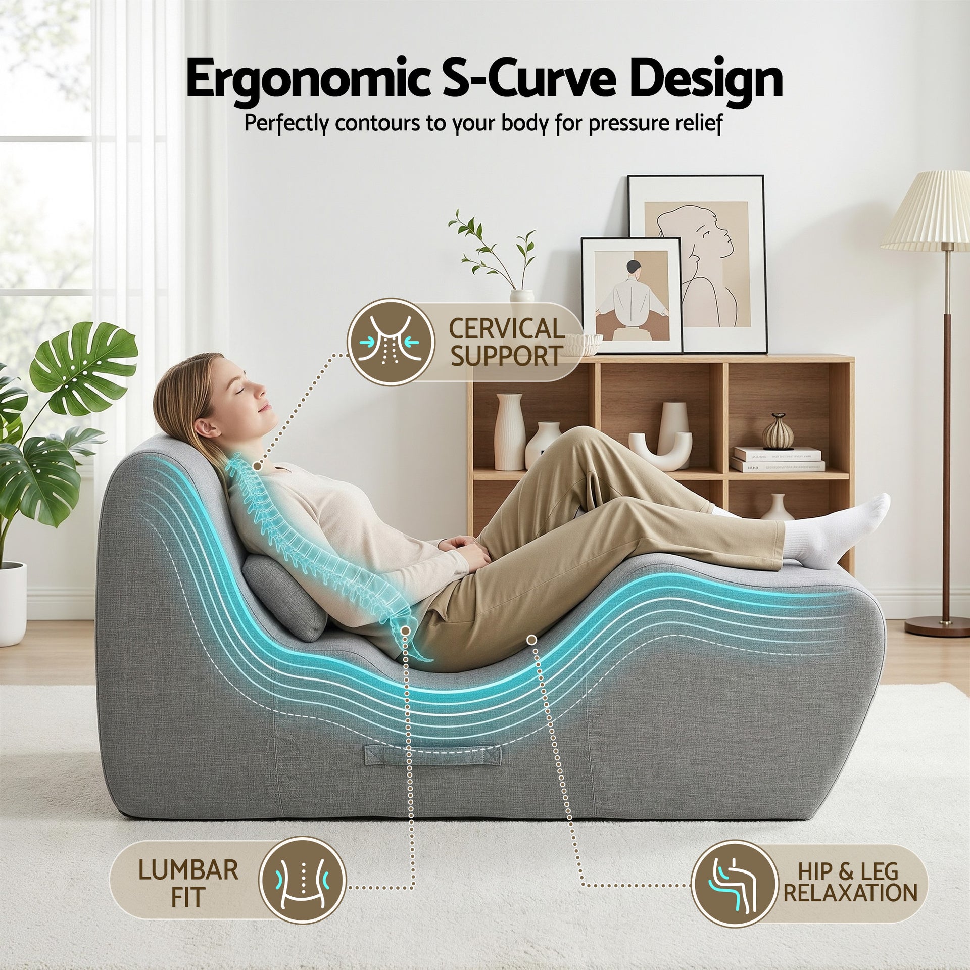 Artiss Chaise Lounge Chair Ergonomic S-Curve Floor Lounger Boneless Lounge Chairs Grey Awezingly