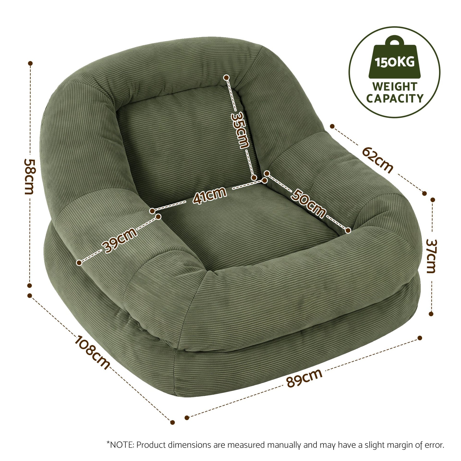 Artiss Armchair Floor Chair Couch Recliner 1 Seater Cloud Chaise Lounge Corduroy Green Awezingly