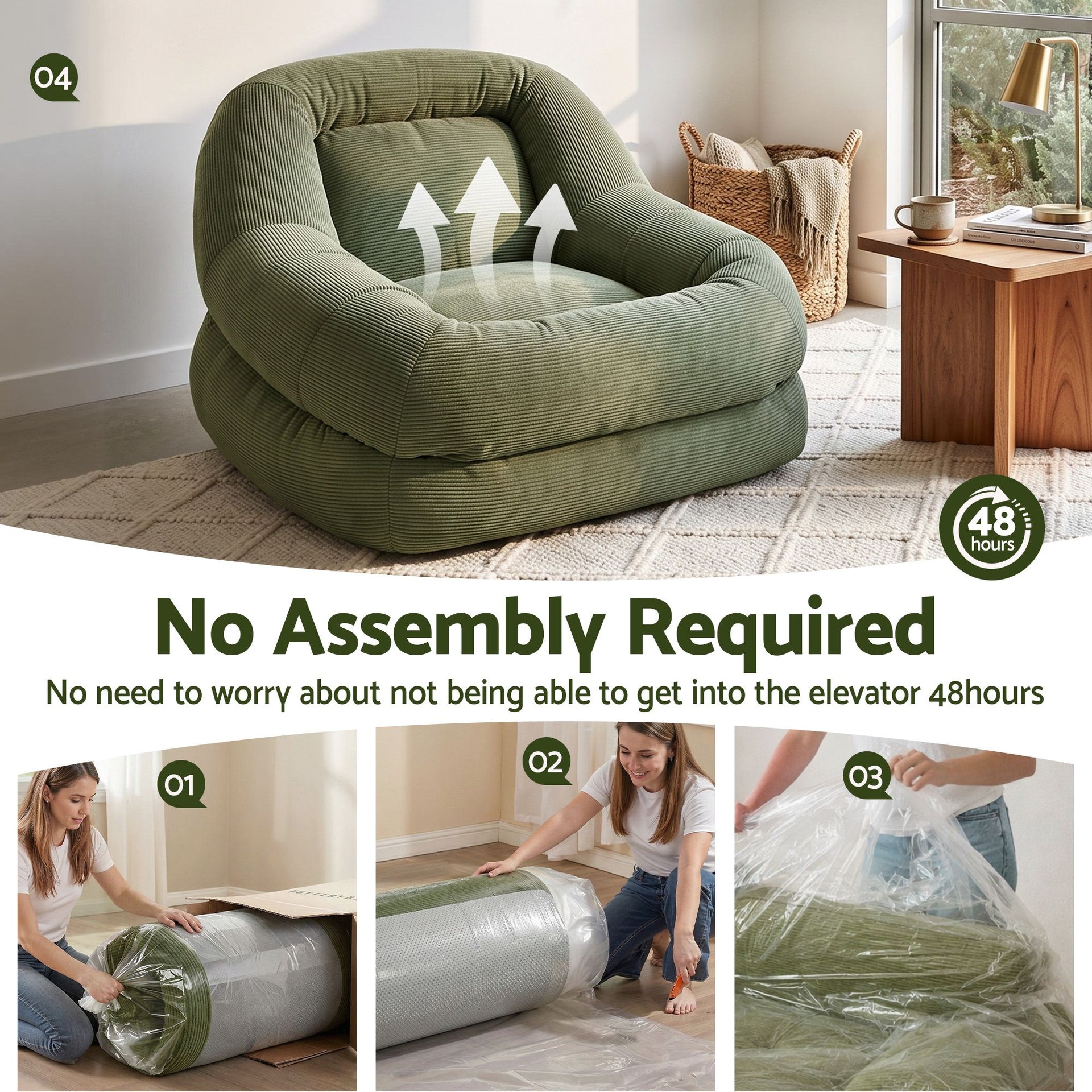 Artiss Armchair Floor Chair Couch Recliner 1 Seater Cloud Chaise Lounge Corduroy Green Awezingly