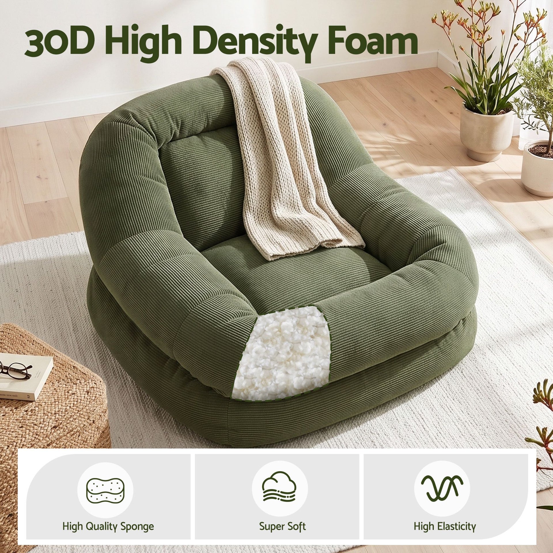 Artiss Armchair Floor Chair Couch Recliner 1 Seater Cloud Chaise Lounge Corduroy Green Awezingly