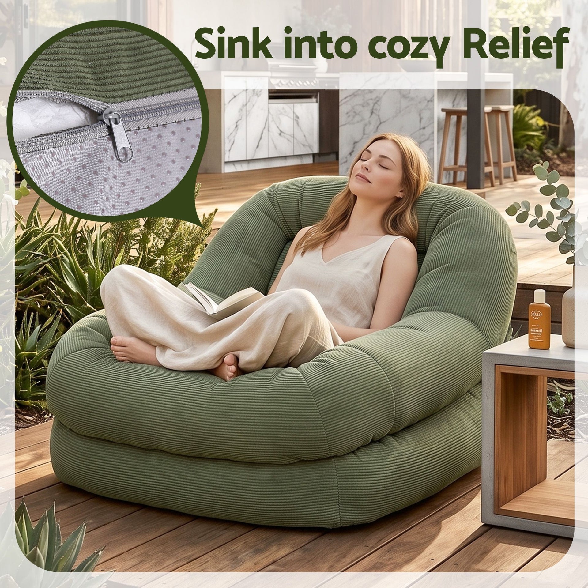 Artiss Armchair Floor Chair Couch Recliner 1 Seater Cloud Chaise Lounge Corduroy Green Awezingly