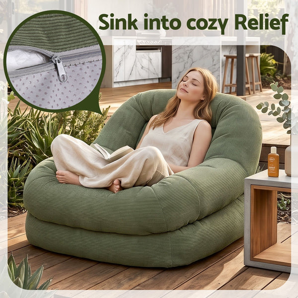 Artiss Armchair Floor Chair Couch Recliner 1 Seater Cloud Chaise Lounge Corduroy Green Awezingly