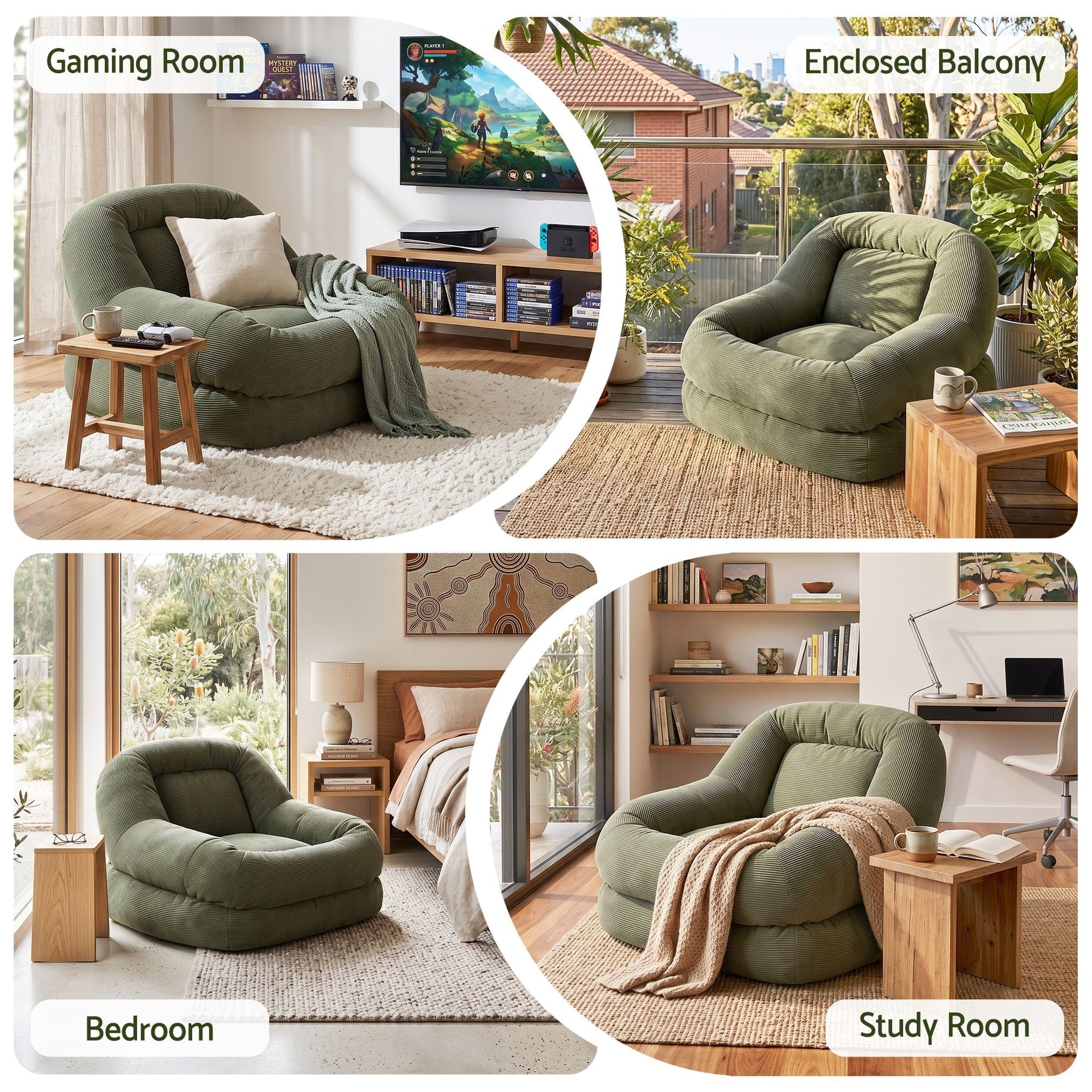 Artiss Armchair Floor Chair Couch Recliner 1 Seater Cloud Chaise Lounge Corduroy Green Awezingly