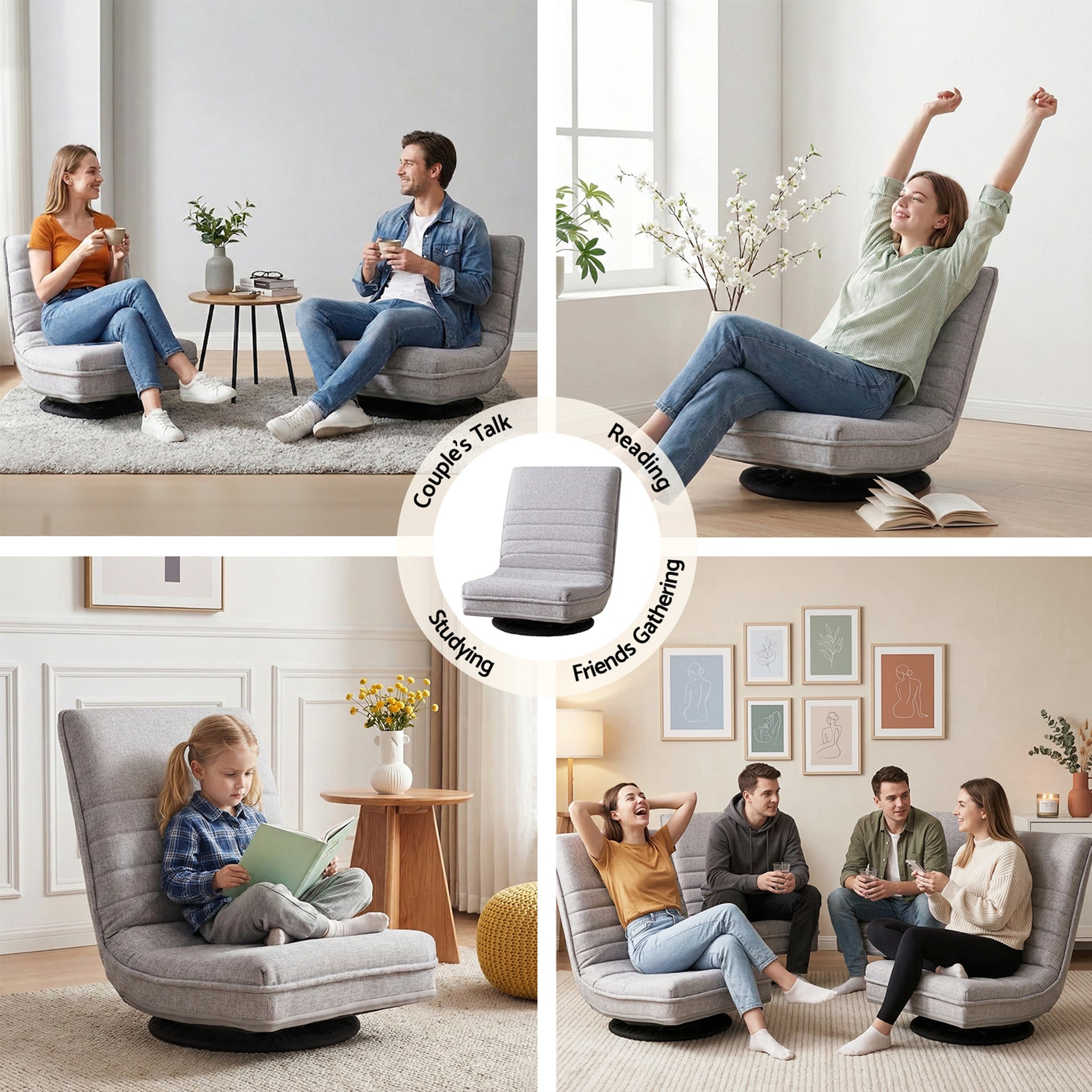 Artiss 4PCS Swivel Floor Chair 360 Adjustable Foldable Lounge Seat Floor Sofa Chair Grey Awezingly
