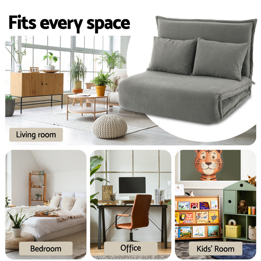 Artiss Floor Lounge Sofa Bed Foldable 2 Seater Grey Artiss