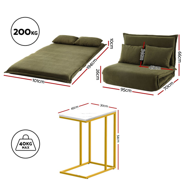 Artiss Floor Lounge Sofa Bed Folding Chaise Chair Green & Coffee Table Side Table Marble Effect Artiss