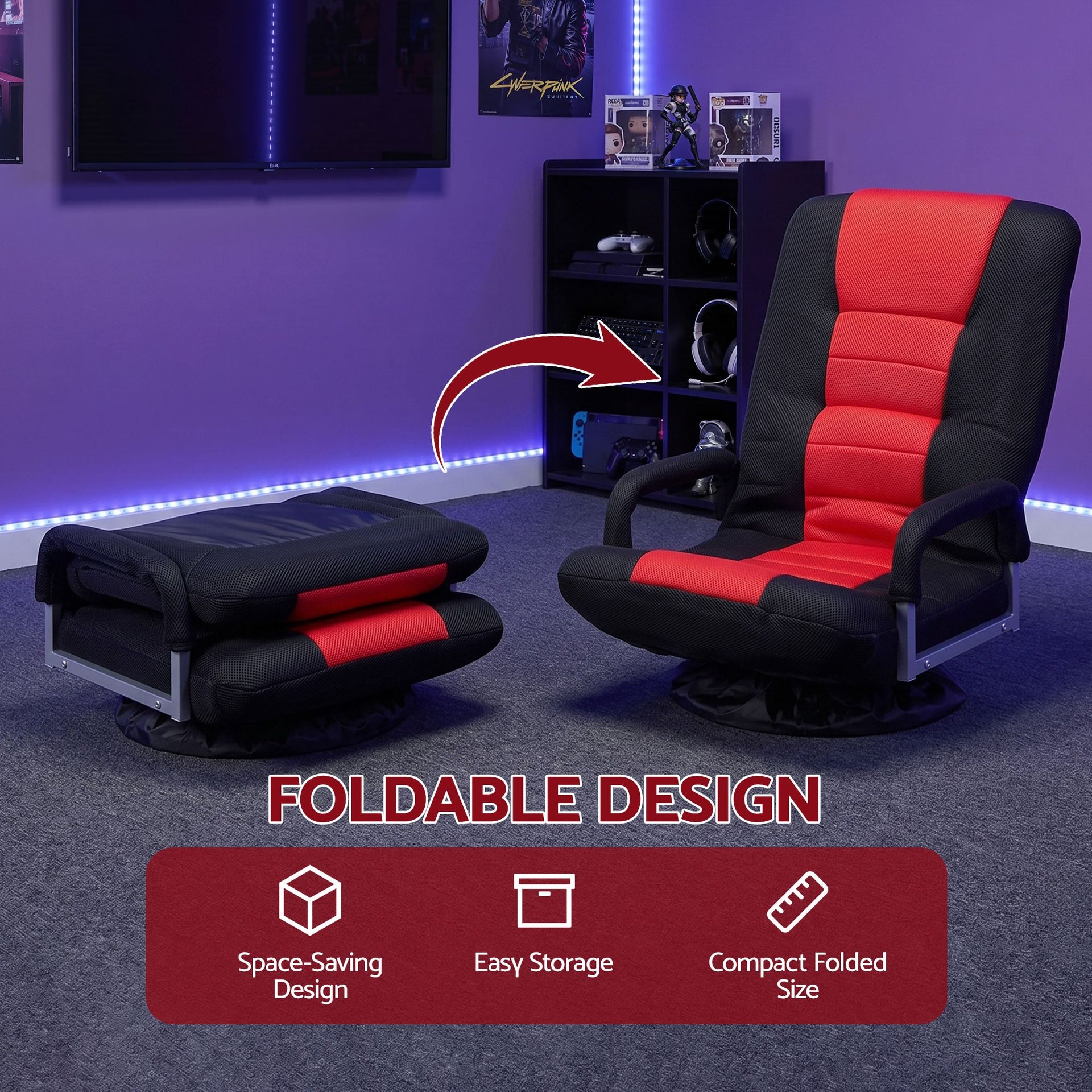 Artiss Floor Gaming Chair with 360 Swivel, 6-Position Backrest for Gaming Awezingly