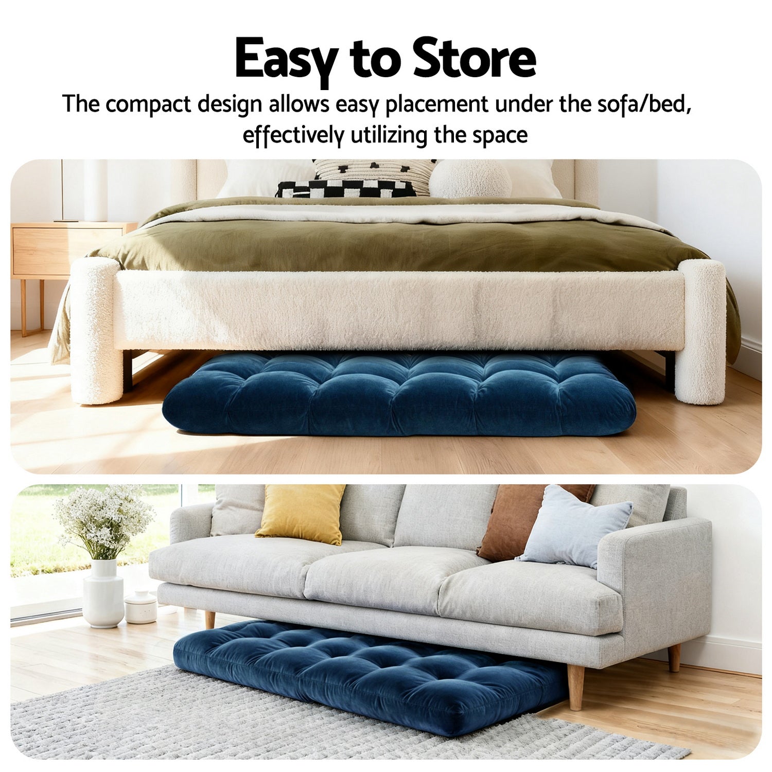 Artiss 2PCS Floor Lounge Sofa Bed Flannel Fabric Navy Artiss