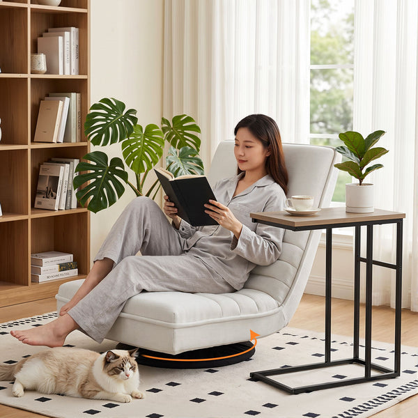 Artiss Floor Lounge & Coffee Table Set, Swviel Foldable Linen Sofa Chair White, C-Shaped Side Table Walnut Artiss